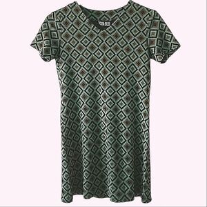Vintage Soda Blu Green Mod Print Knit Mini T Shirt Dress Size S